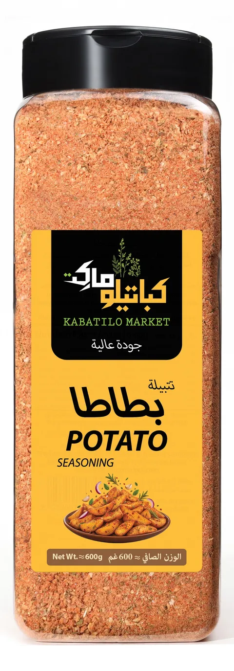 الوجه الأمامي لعبوة تتبيلة بطاطا، وعليه الشعار واسم المنتج ووزنه الصافي